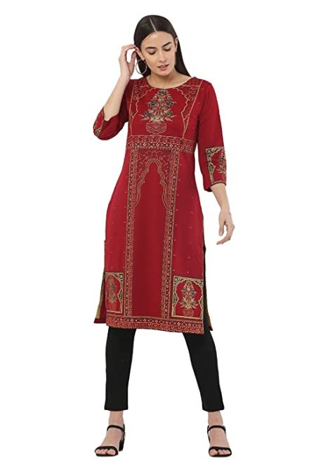 Hams Style Women's Red 3/4th Sleeve Printed Kurti - Imported Soft Printed Hosiery with Lycra
